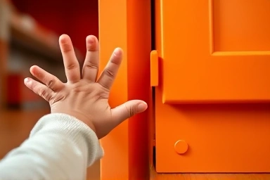 Toddler reaching for protected furniture corner.