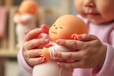 Toddler's hands comforting a soft baby doll in a nursery.