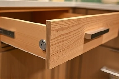 Close-up of a modern drawer with a discreet, aesthetically pleasing safety lock.