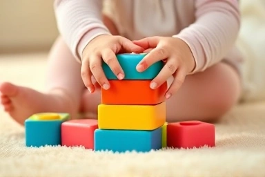 Toddler's hands playing with large, colorful building blocks.