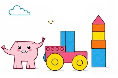 Creative building block creations by a child, showing animals, vehicles, and structures.