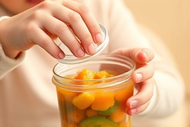 Parent filling glass baby food container with pureed food.