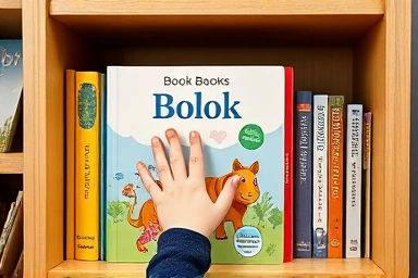 Child's hand reaching for a book on a safe bookshelf.