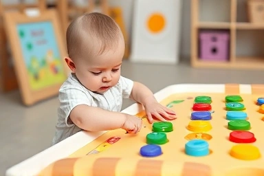 Baby actively learning at an educational activity table.