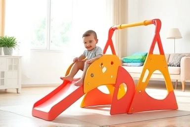Toddler playing safely on indoor playground equipment.