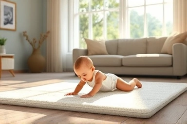Cozy living room, baby playing on thick foam mat, peaceful atmosphere.