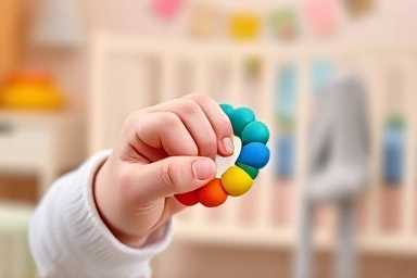 Baby's hand holding a safe silicone teether.