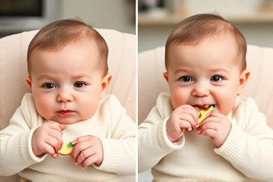 Baby experiencing teething discomfort vs. relief with a teether.