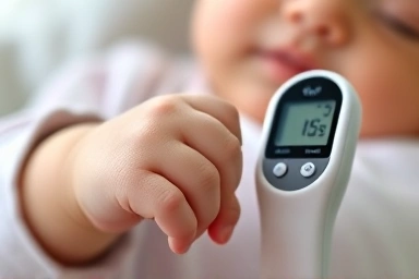 Close-up of baby hand near precise thermometer hygrometer