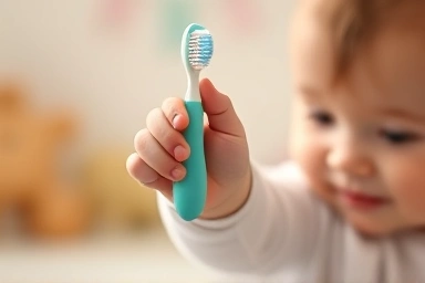 Baby reaching for toothbrush and toothpaste in nursery