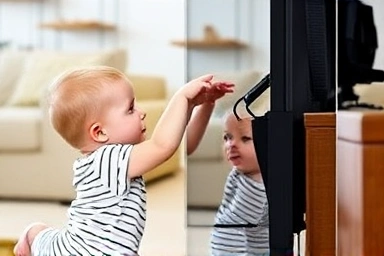 Toddler prevented from tipping TV by safety strap.