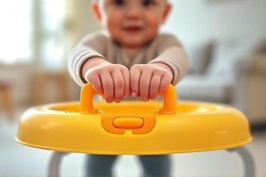 Baby's hands gripping a safe, colorful baby walker.