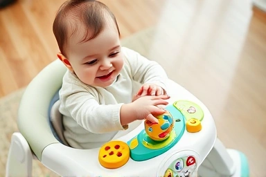 Baby learning and playing with a multi-functional baby walker.