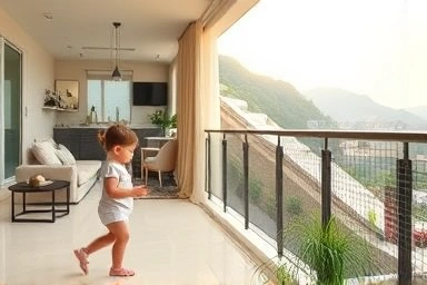 Toddler playing safely on balcony with child safety net.
