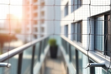 Close-up of strong mesh balcony safety net for child protection.