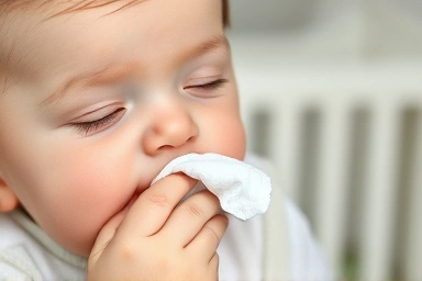 Soft bamboo baby wipe gently cleaning baby's cheek.