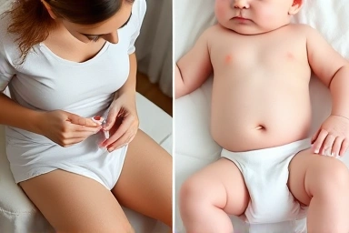 Baby diaper area cleaning and air drying for rash prevention.