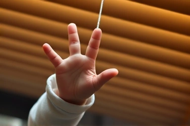 Baby reaching for dangerous blind cord