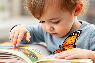 Toddler exploring a nature book with curiosity