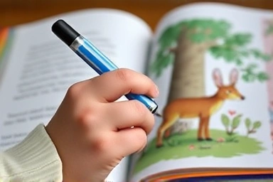 Child's hand using a talking pen on a nature book