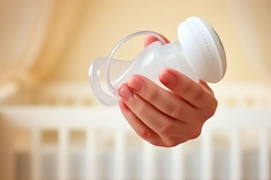 Mother's hand holding a breast pump flange