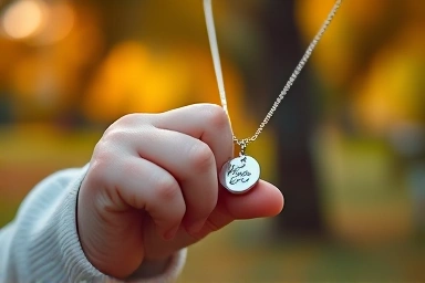 Child's hand touching engraved safety necklace pendant