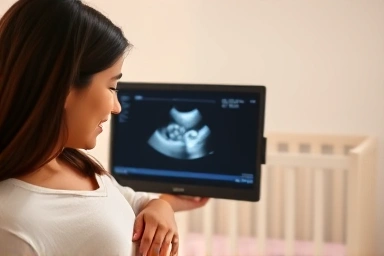 Expectant parents viewing fetal ultrasound with hopeful expressions.