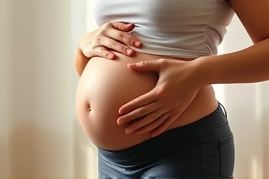 Pregnant woman touching belly, soft light, peaceful expression.