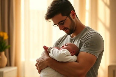 New parent holding baby, symbolizing family growth and support.