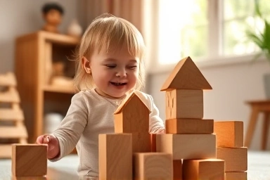 Child playing with wooden Froebel blocks at home.