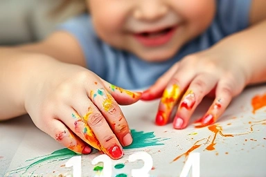 Child's hands creating art with colorful paint.