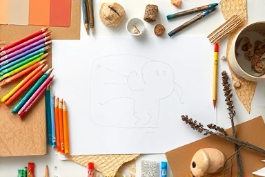 Art kit with supplies and child's creative drawing.