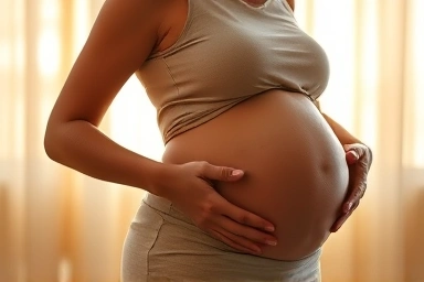 Pregnant woman feeling relieved and hopeful with government support.