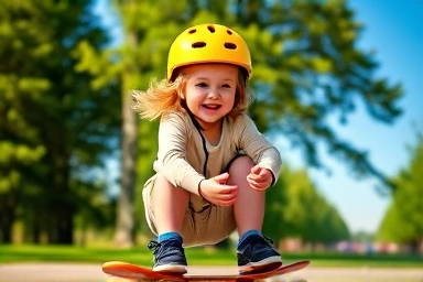 Child riding kickboard with a well-fitting helmet
