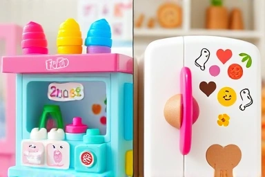 Split image of Kongsoon ice cream shop and refrigerator toys