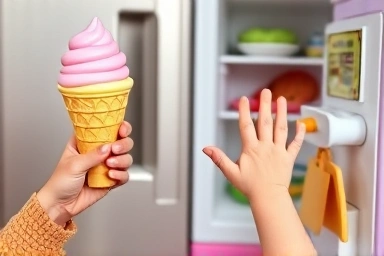 Child choosing between toy ice cream and toy refrigerator food