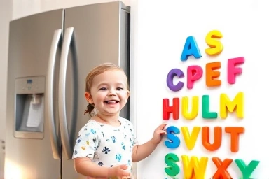Toddler joyfully learning English with magnetic alphabet toys.