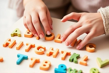 Parent and child interacting with magnetic alphabet learning toy.