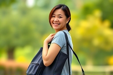 Mother comfortably carrying a lightweight diaper bag outdoors.
