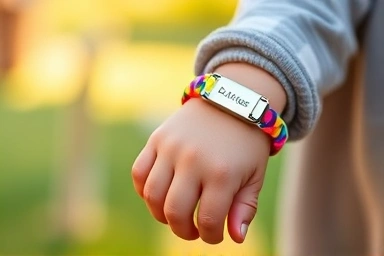 Child wearing a lost-child prevention bracelet with engraved name tag.