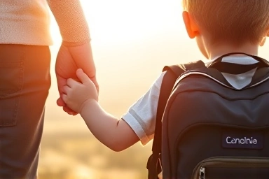 Parent and child walking together, child's name tag visible on backpack.