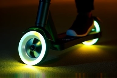 Close-up of glowing LED wheels on a Micro Kickboard scooter.
