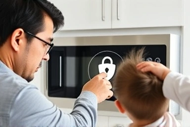 Parent protecting child from microwave danger with lock.