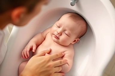Parent lovingly bathing a calm newborn baby