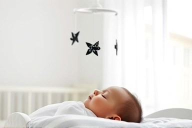 Newborn baby sleeping peacefully under a black and white mobile.
