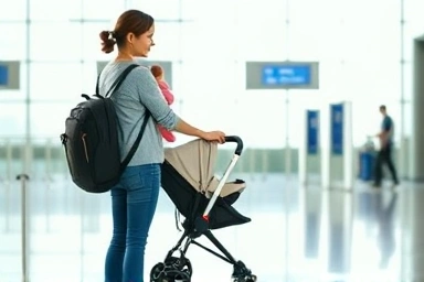 Parent folding lightweight stroller at airport.