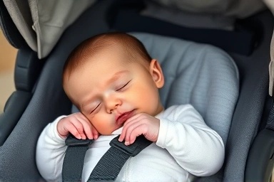 Newborn sleeping comfortably in a safe stroller.