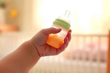 Baby's hand holding a formula bottle in a nursery.