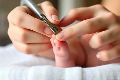 Parent gently clipping newborn's nails with a safe clipper.