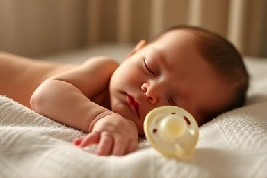 Peaceful sleeping newborn baby with pacifier nearby
